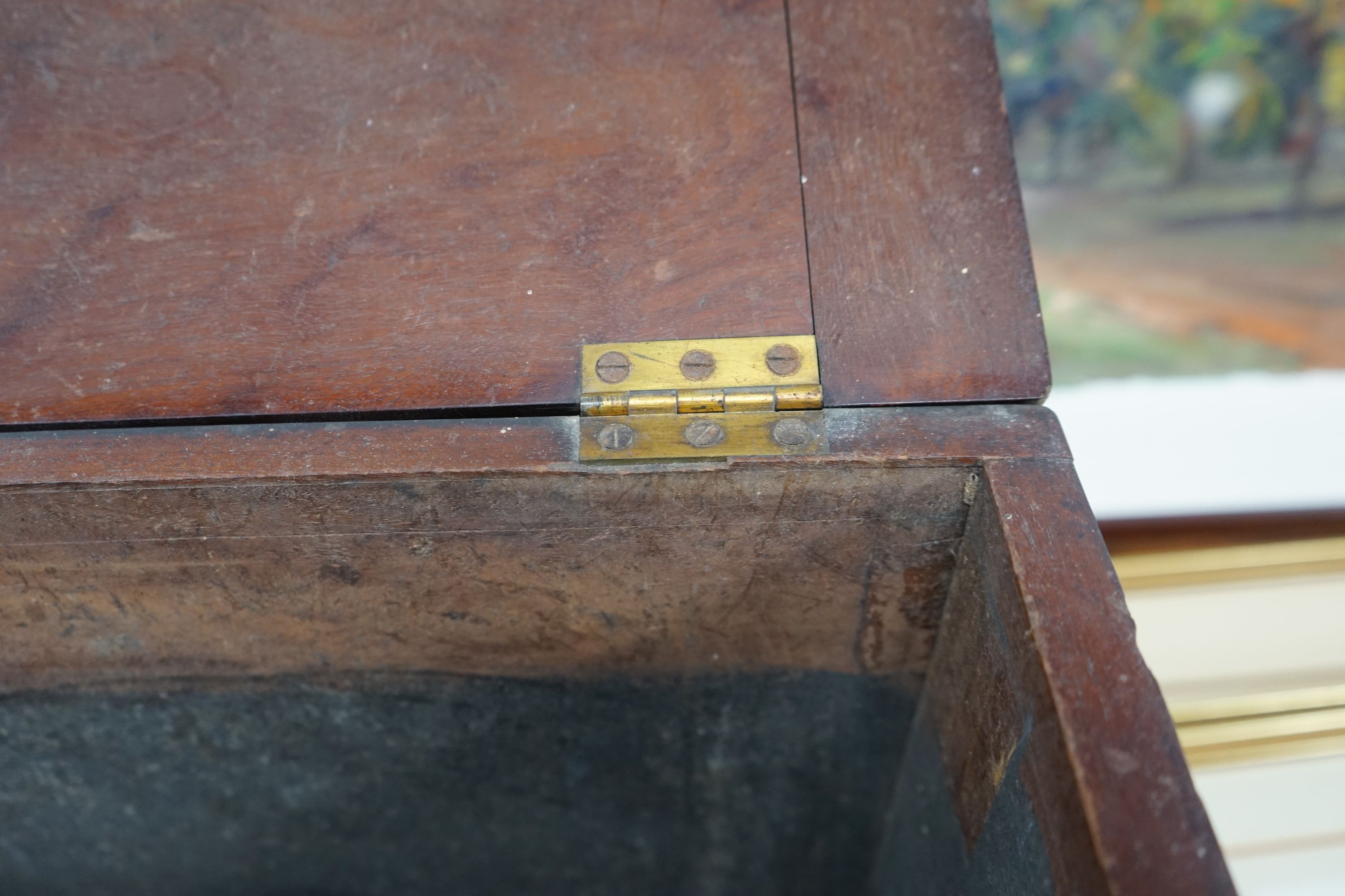 A 19th century brass-bound teak campaign trunk, having hinged top and side mounted carrying handles, width 55cm, depth 43cm, height 44cm